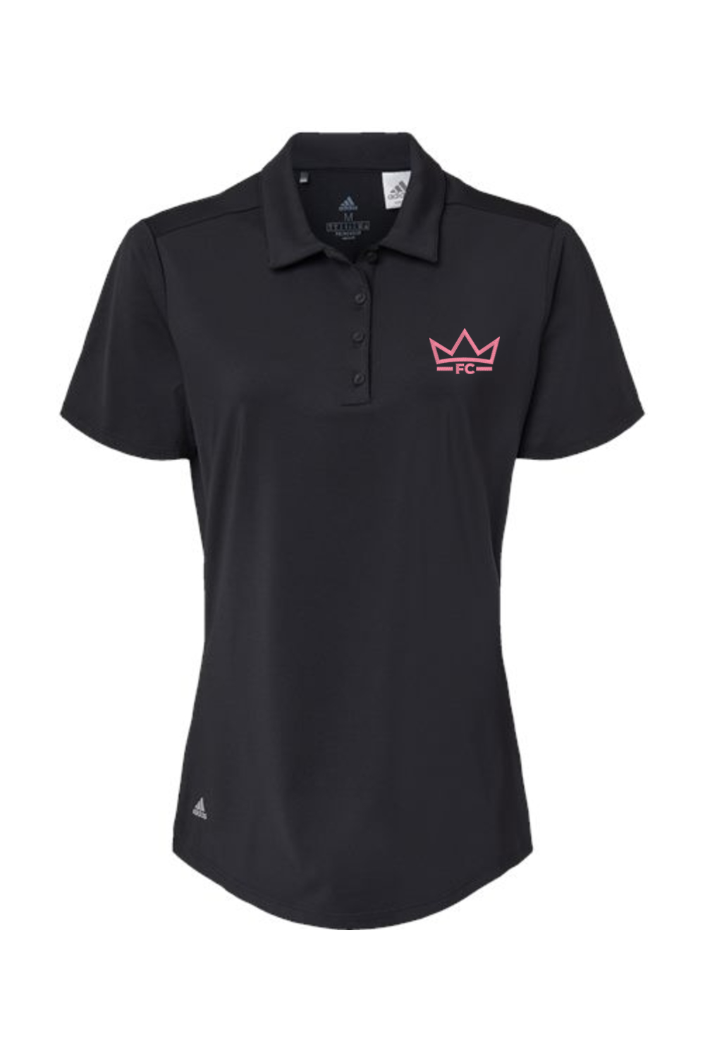 Black polo shirt with pink logo on a white background