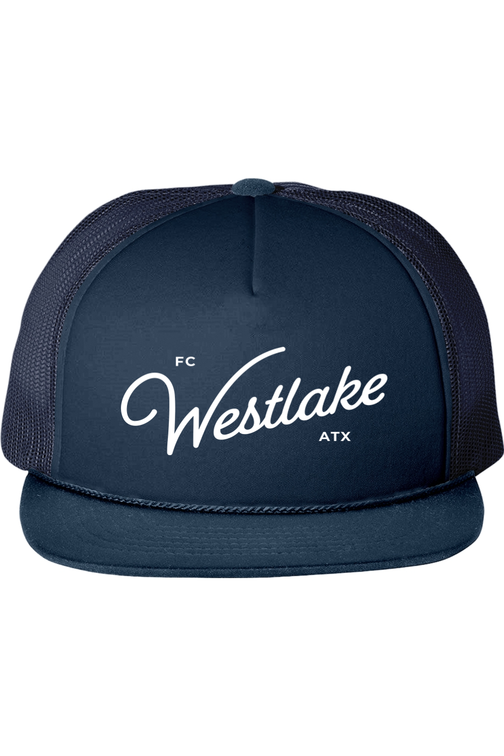 Navy blue cap with 'FC Westlake ATX' text on a white background