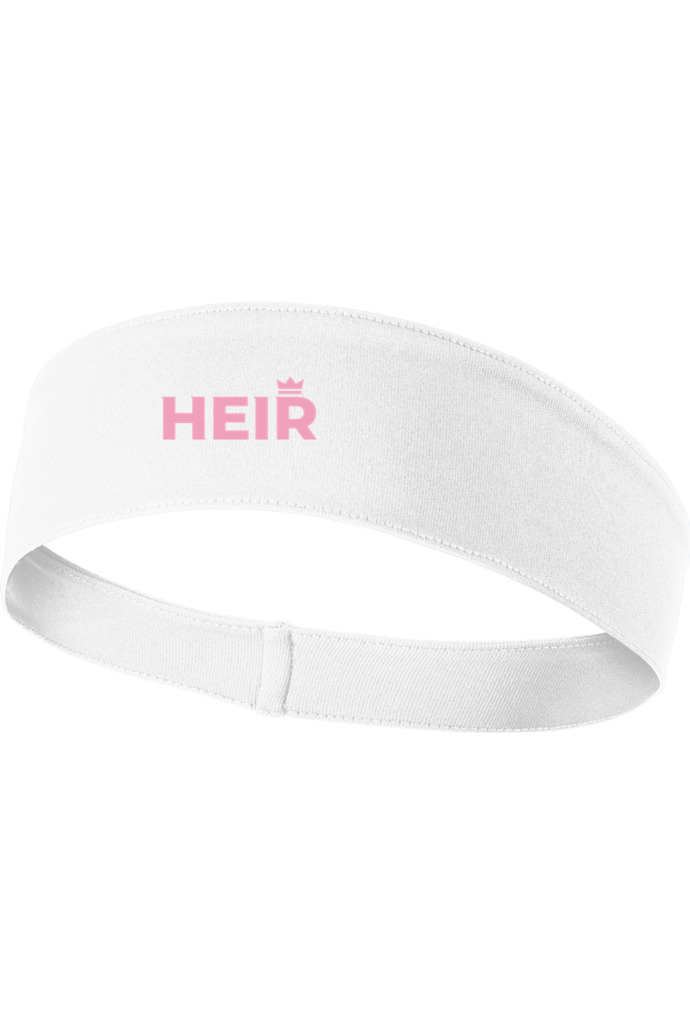 White headband with 'HEIR' text in pink on a white background