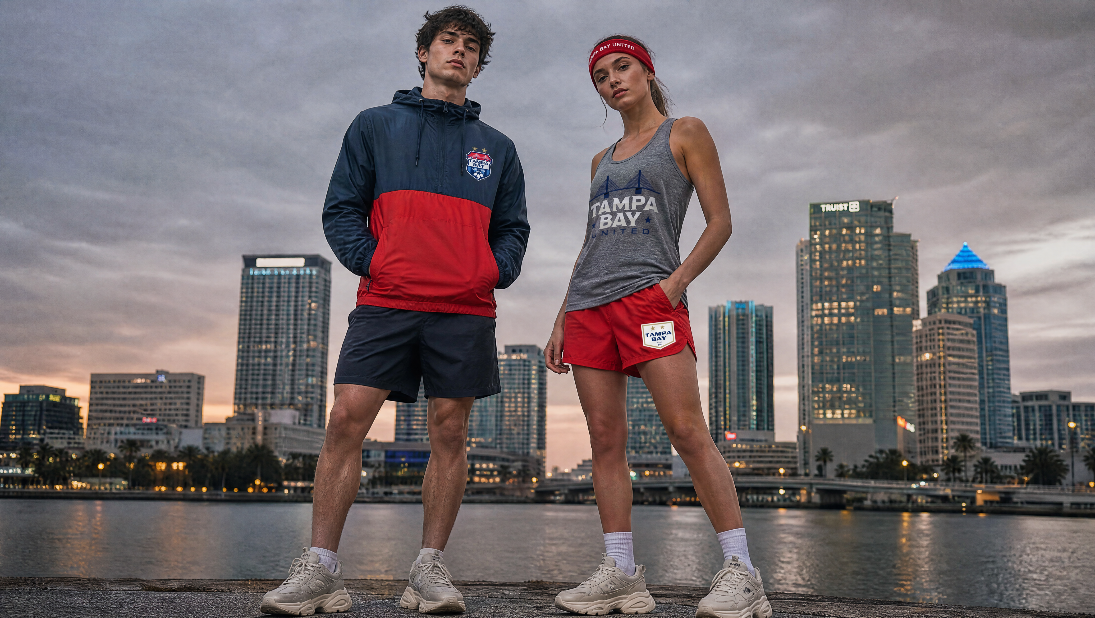 Two people wearing sports attire with a city skyline in the background