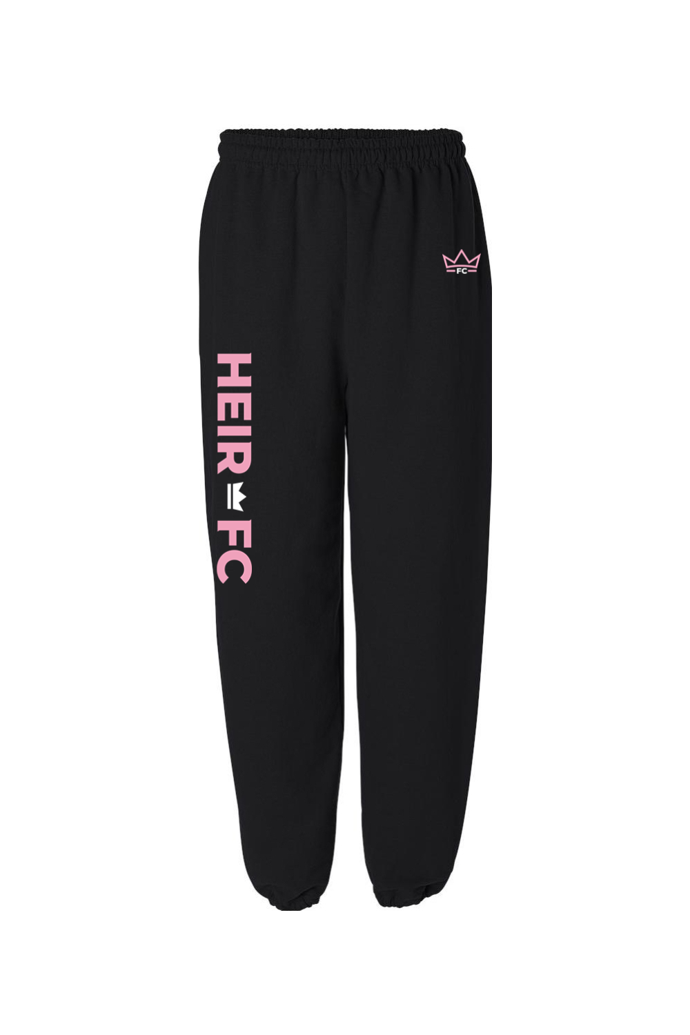 Black sweatpants with pink 'HEIR FC' text on a white background