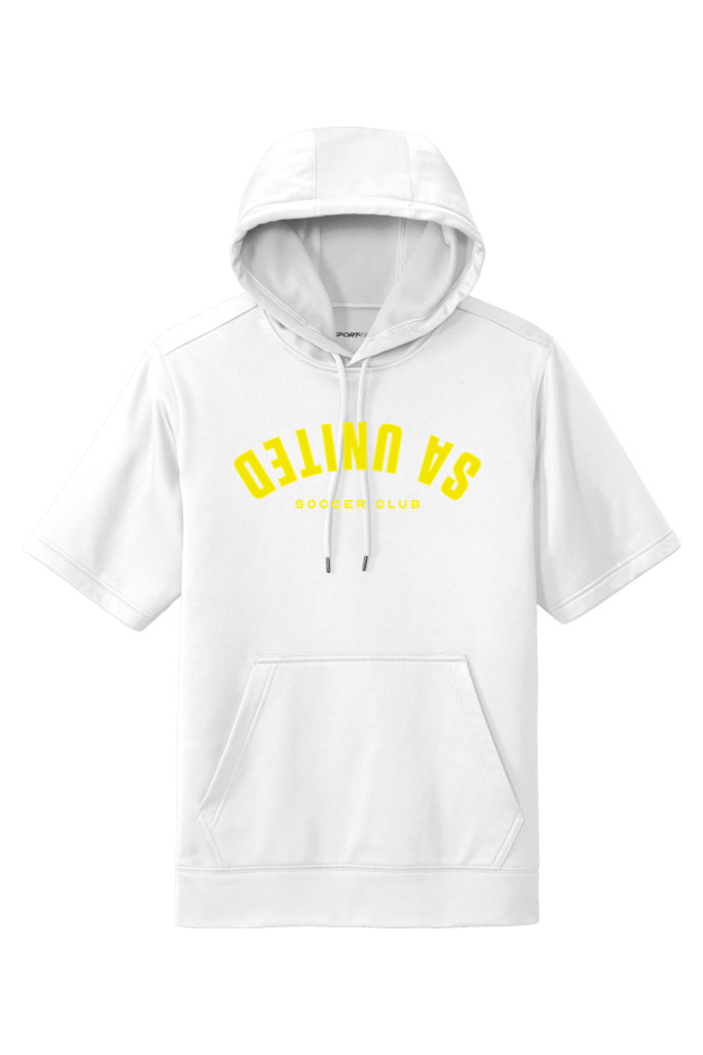 White hoodie with yellow text on a white background