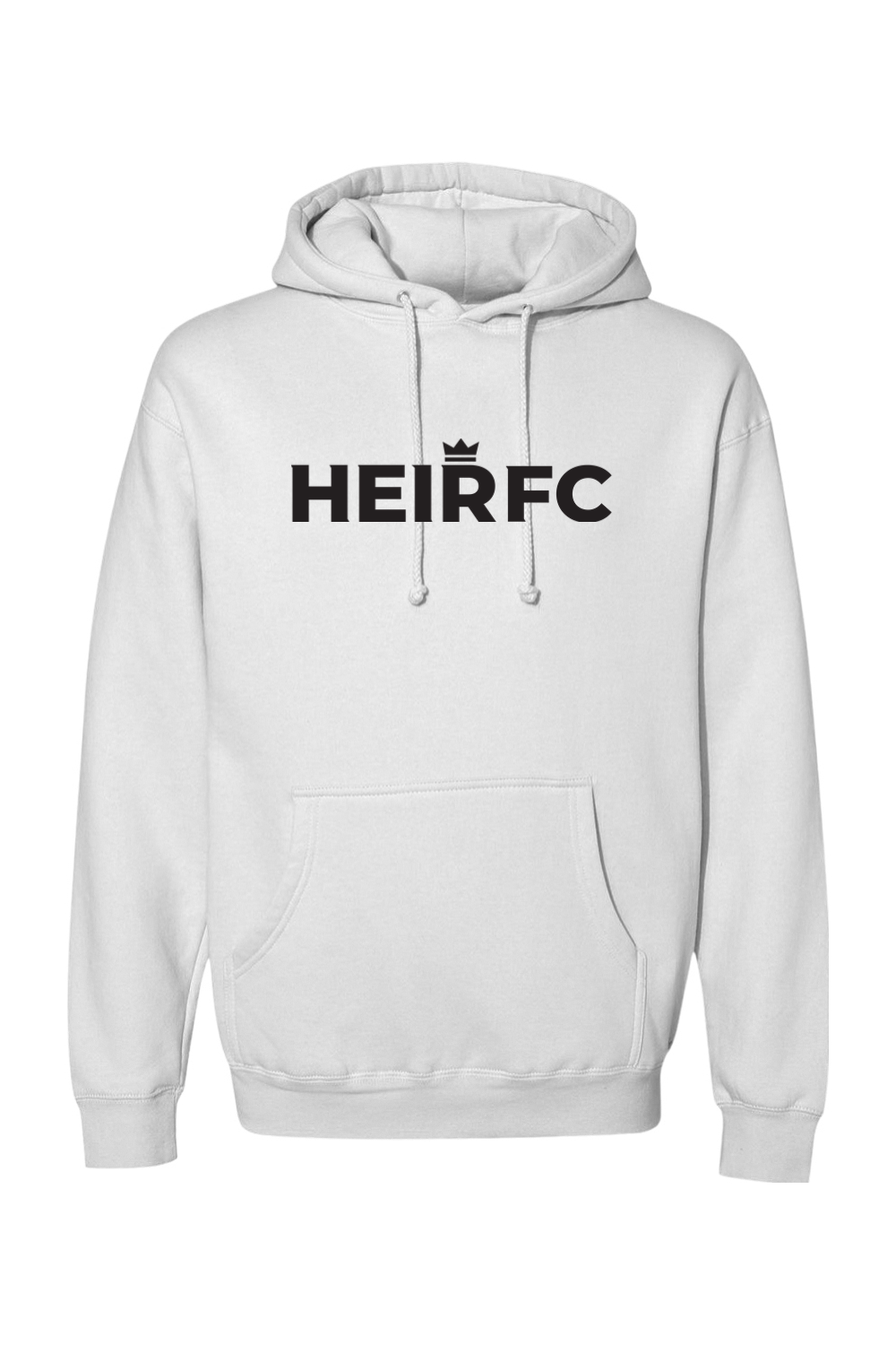 White hoodie with 'HEIRFC' text on a white background