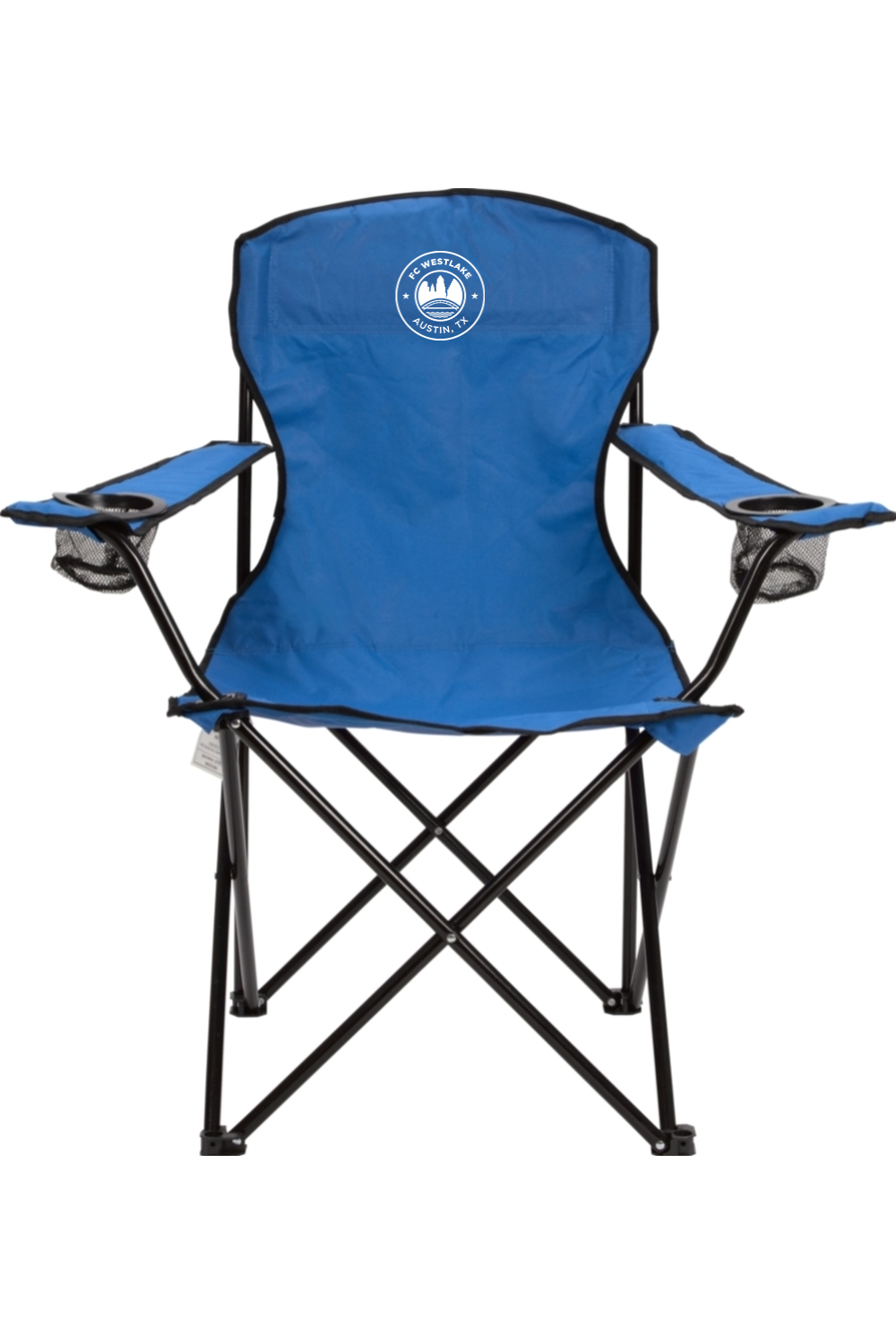 Blue folding chair with cup holders and a logo on a white background