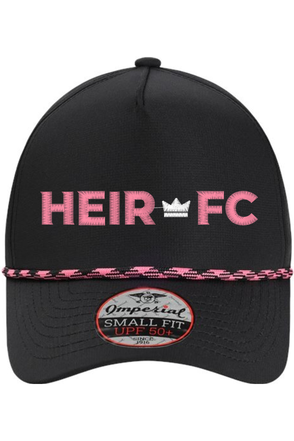 Black cap with pink text and Imperial logo on a white background