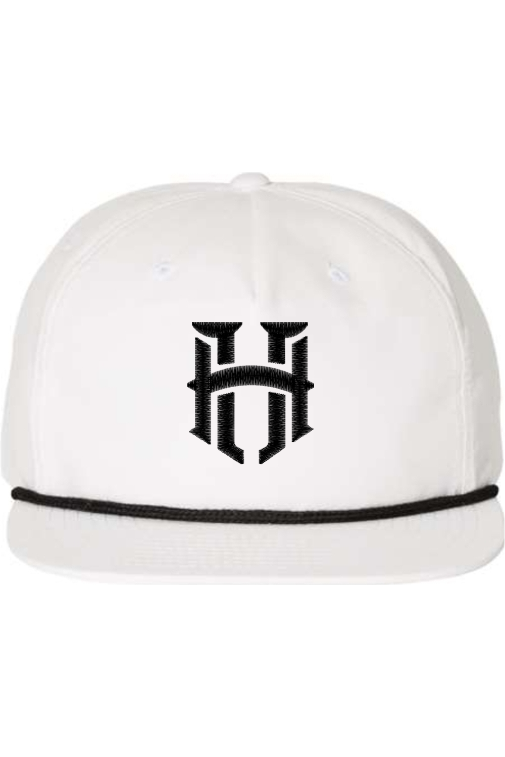 White cap with black logo on a white background