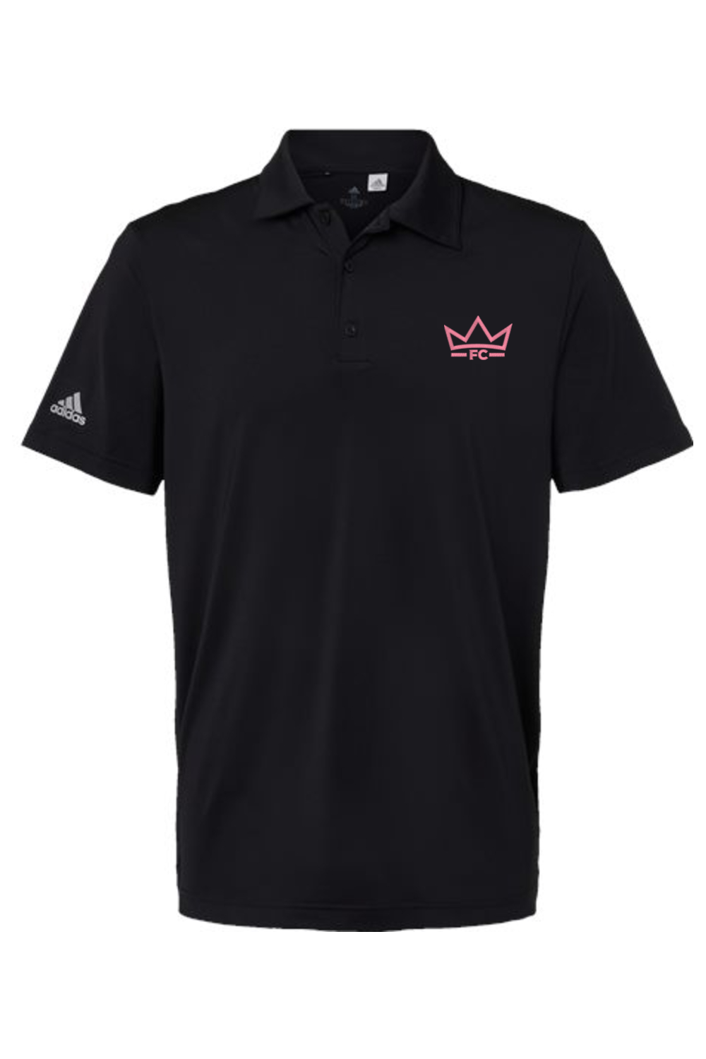 Black polo shirt with a logo on a white background