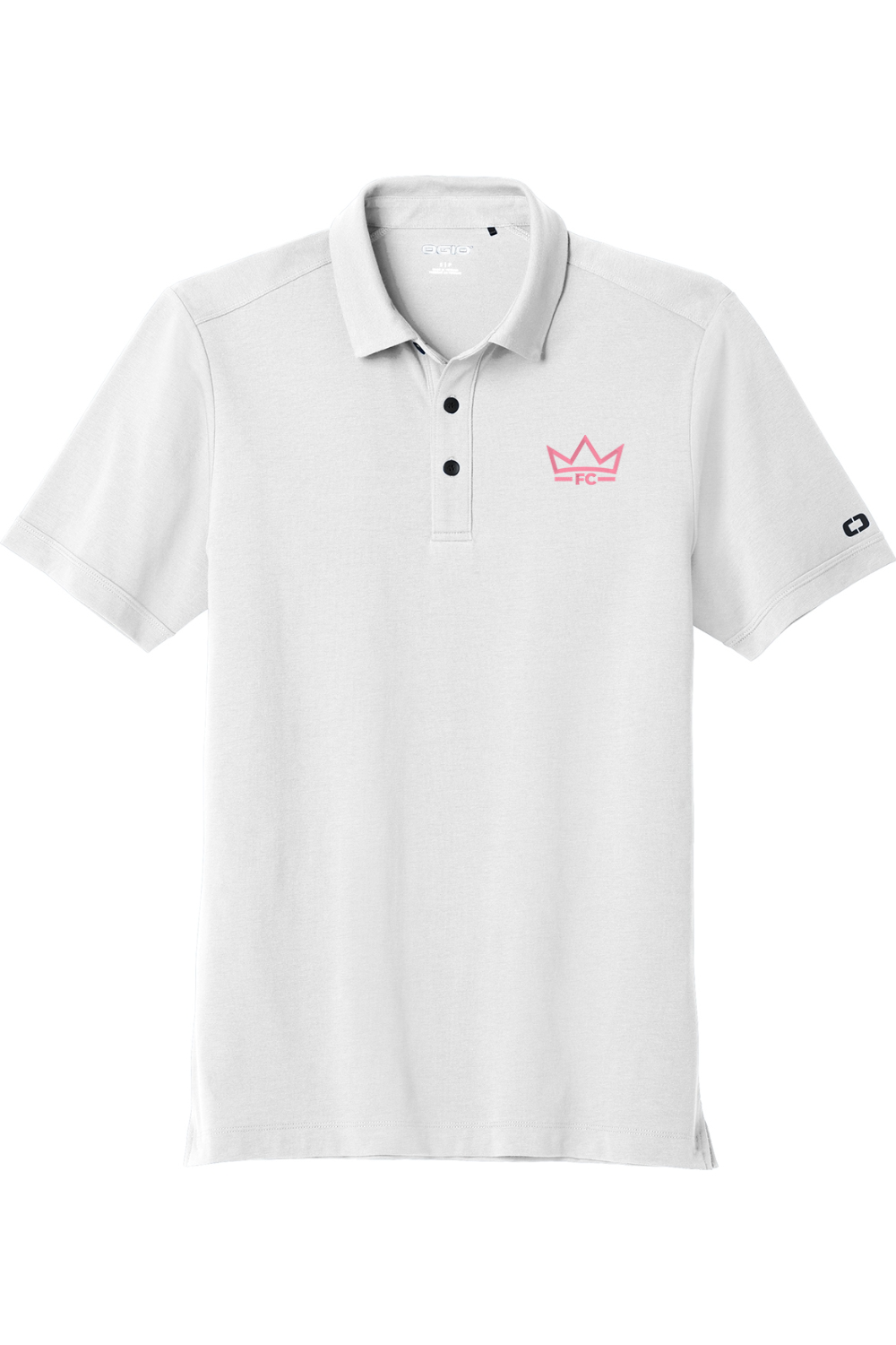 White polo shirt with a logo on a white background
