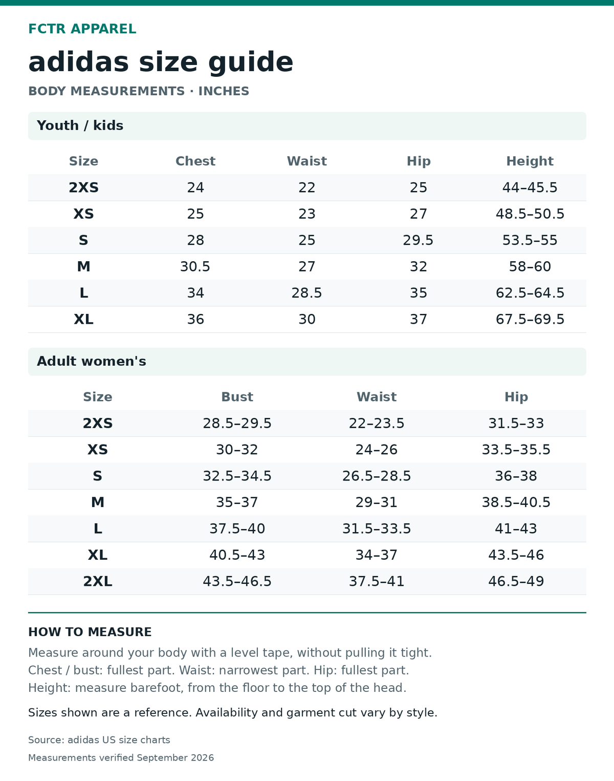 adidas size guide. Body measurements in inches. Youth / kids 2XS to XL; Adult women's 2XS to 2XL.