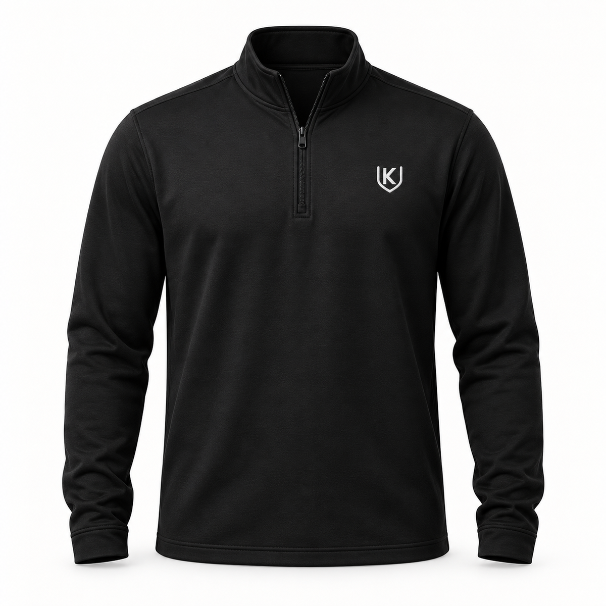 Black men's quarter-zip pullover with a small white K-shield embroidered on the left chest.