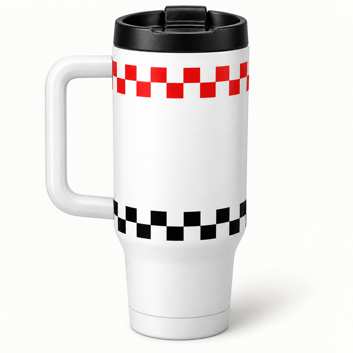 Rear view of the white handled Krum County United tumbler with continuous checker bands and a blank center.