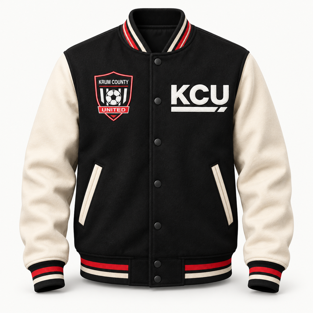 Black and cream Krum County United varsity jacket with a white KCU appliqué and crest patch.