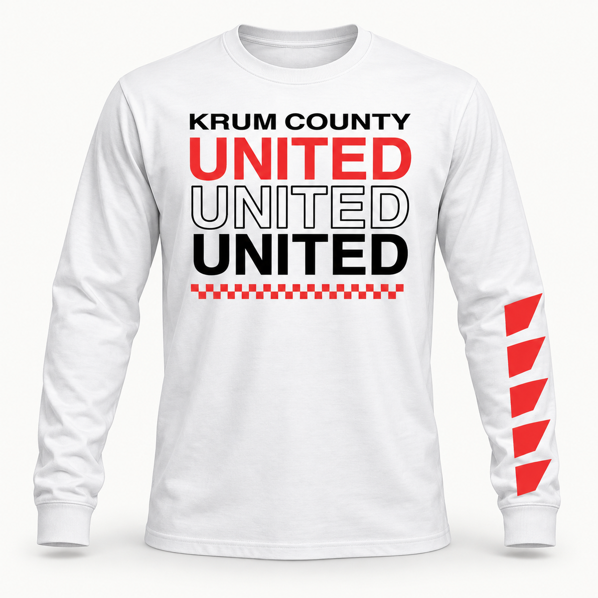 White Krum County United long sleeve with stacked UNITED graphics and red sleeve chevrons.