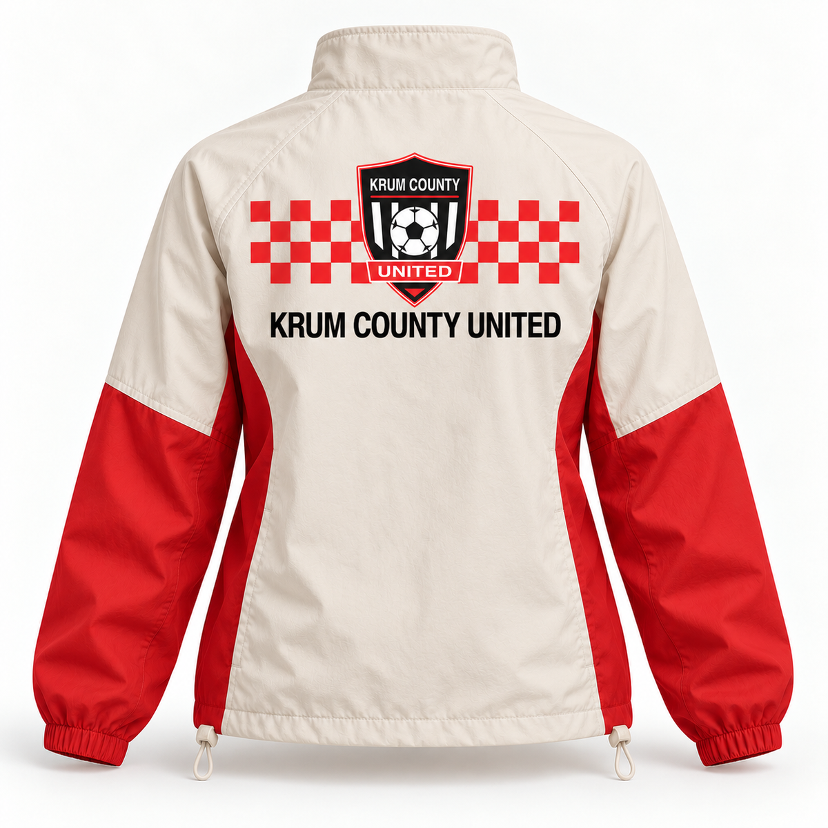 Back of the cream and red Krum County United windbreaker with a checker bar, crest, and club lettering.