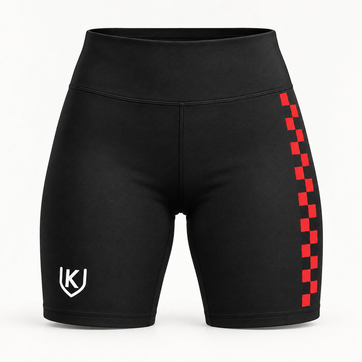 Black Krum County United bike shorts with a red checker side stripe and small white shield mark.