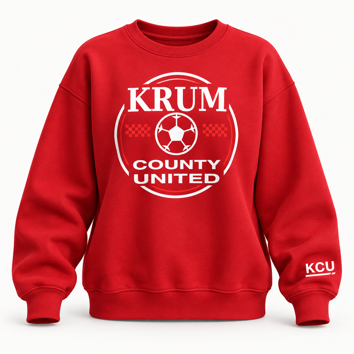 Red oversized Krum County United crewneck with a heritage roundel and white sleeve monogram.