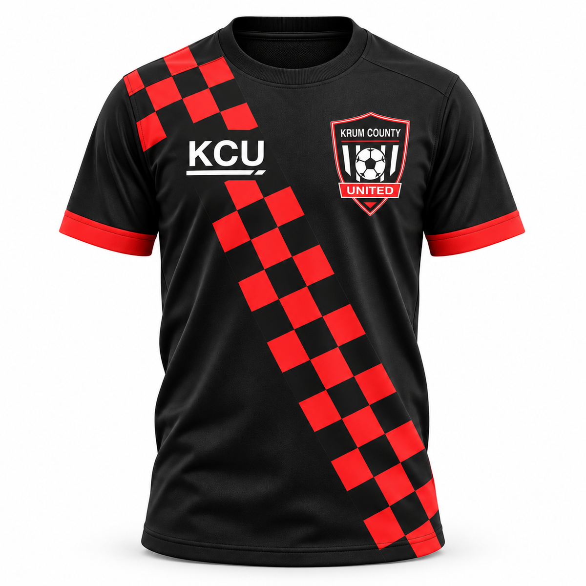 Black youth Krum County United training jersey with a diagonal red checker sash, crest, and KCU mark.