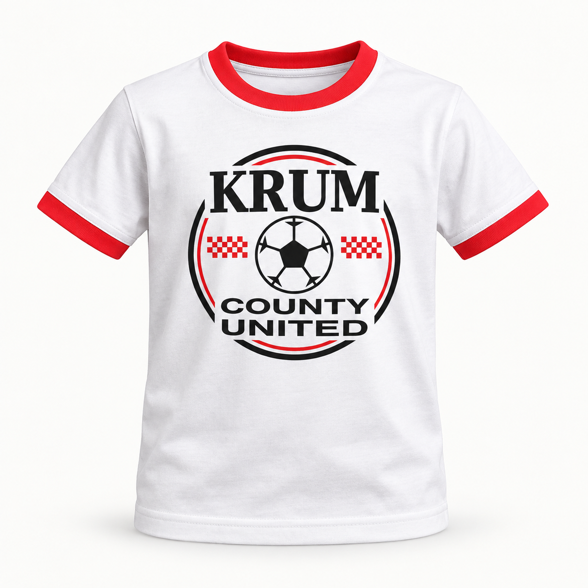 White youth Krum County United ringer tee with red trim and a black and red soccer roundel.
