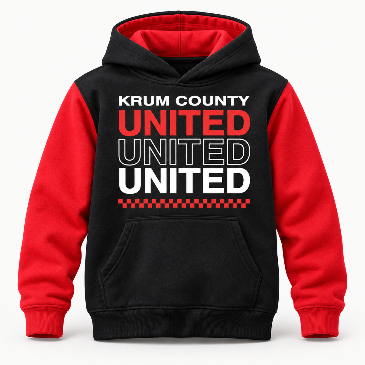 Black and red youth Krum County United hoodie with stacked UNITED lettering and no neck drawcord.