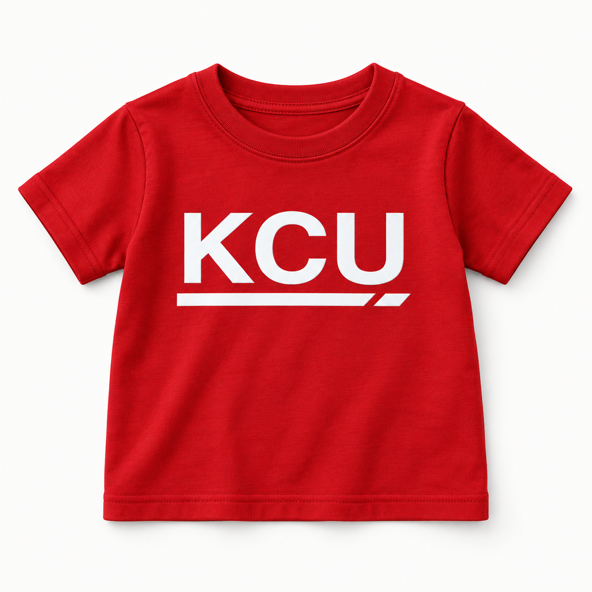 Red toddler T-shirt with a large white KCU monogram and segmented underline on the front.