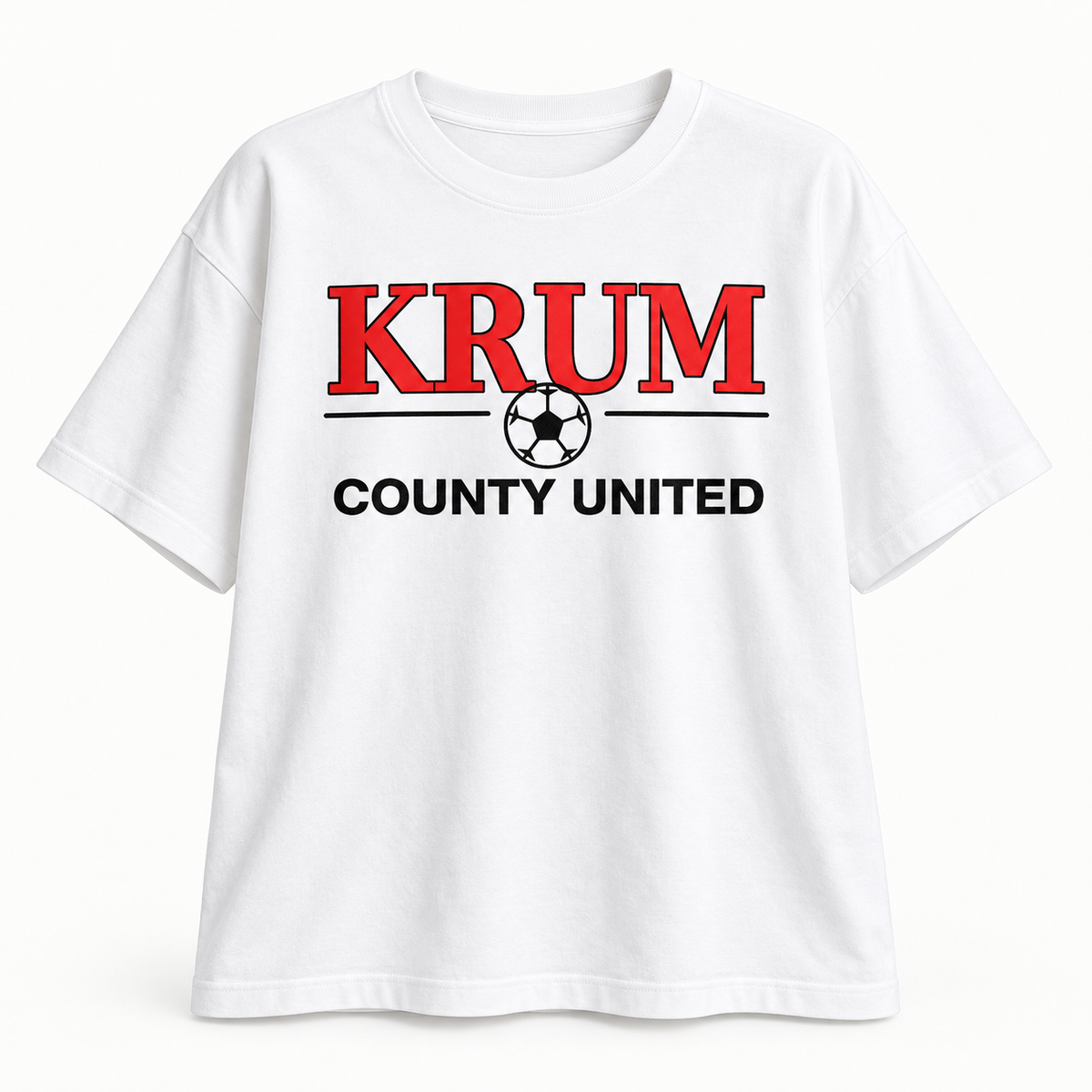 White women's relaxed T-shirt with red KRUM lettering, a soccer ball, and black County United text.