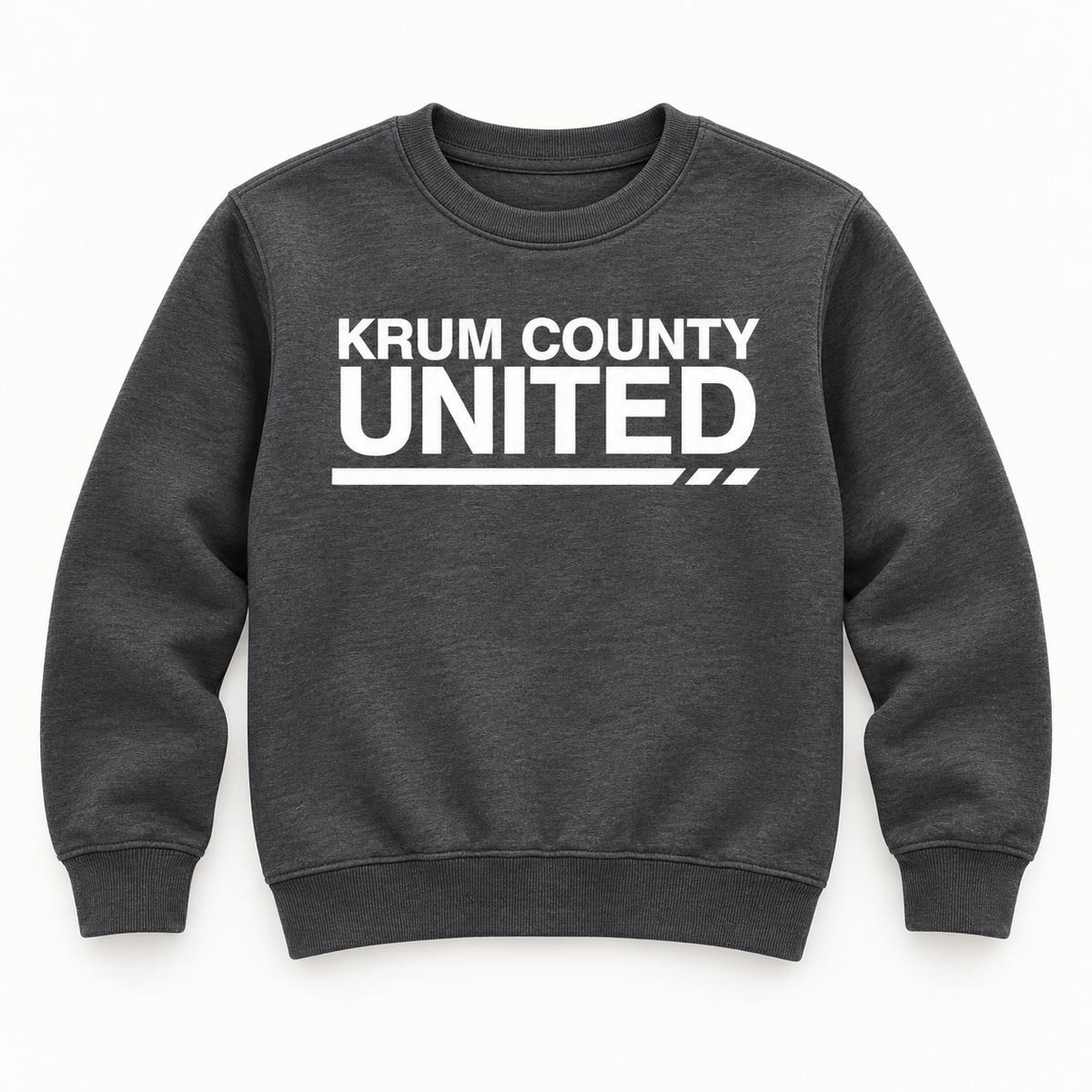 Charcoal youth crewneck sweatshirt with white Krum County United lettering and a thin segmented underline.