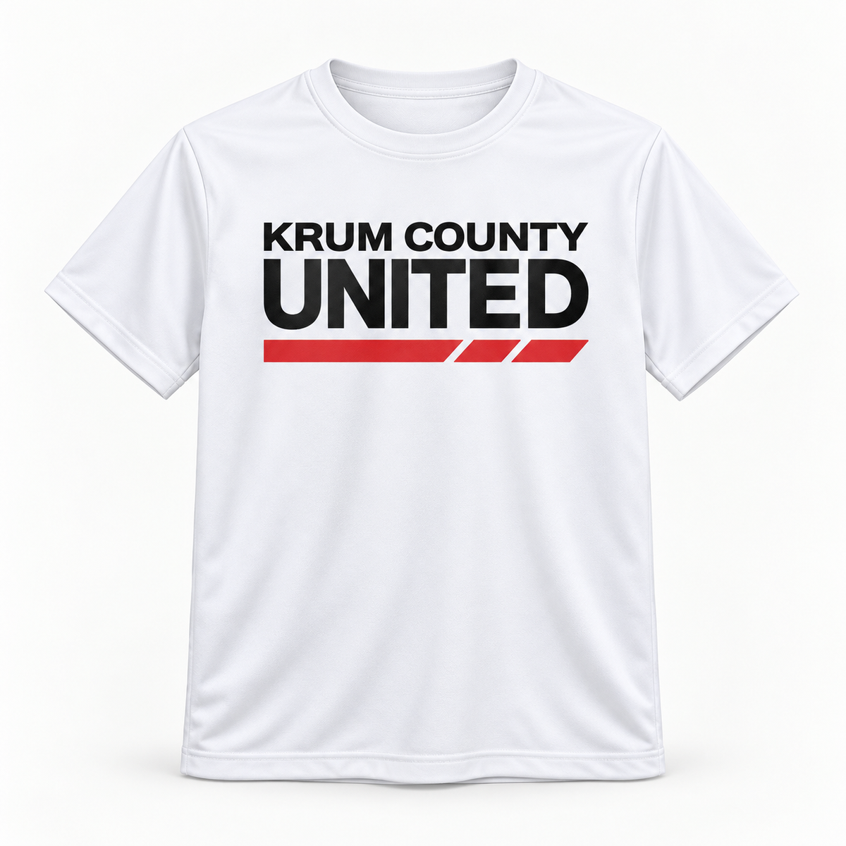 White youth athletic-style T-shirt with black Krum County United lettering and a red segmented underline.
